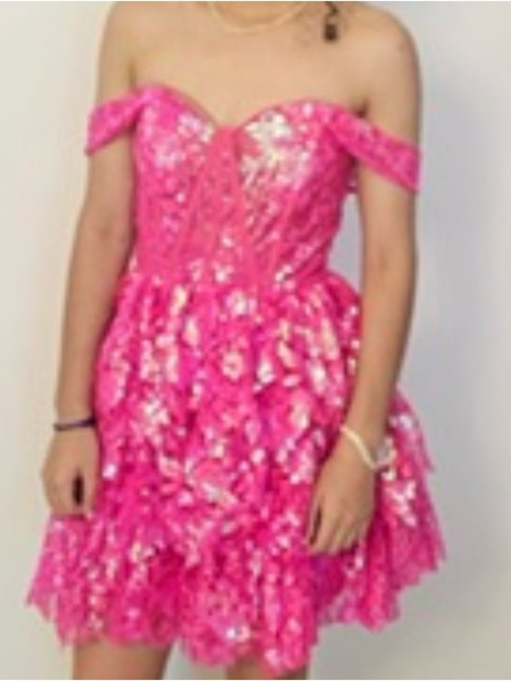 Designers Originals Hot Pink Off-Shoulder Sequin Prom Dress